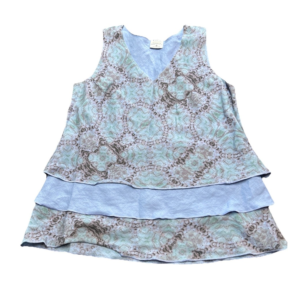 CLICK Color Me Cotton 100% Linen Top M Lagenlook Blue Tiered Floral Flowy USA